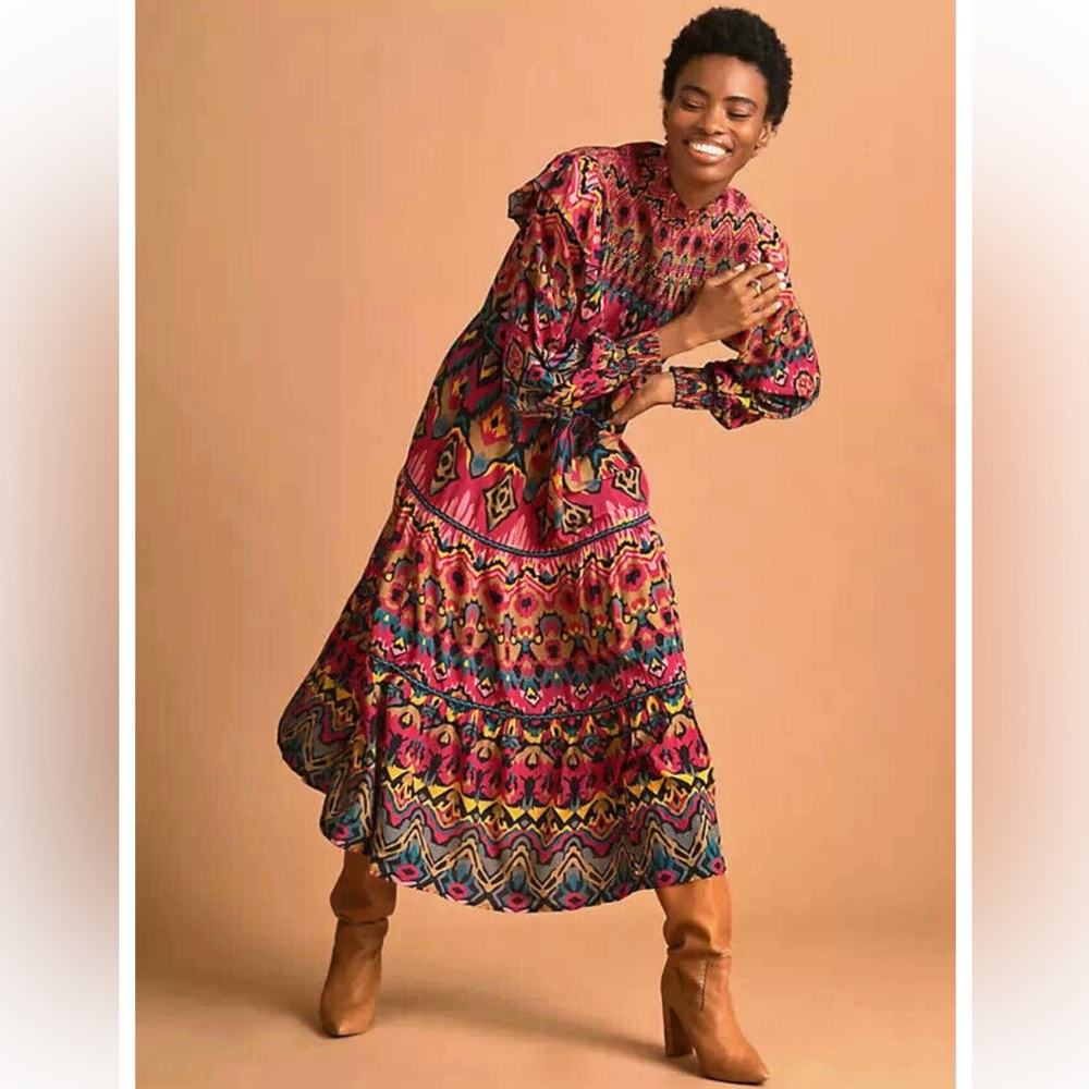 Anthropologie Tiered High Neck Colorful Boho Midi Dress